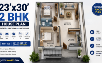 23×30 2 BHK house plan with two bedrooms, living hall, kitchen, toilet and staircase