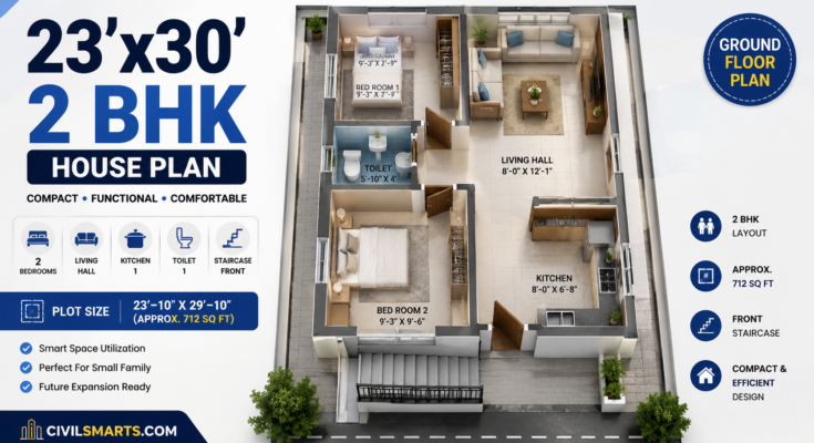 23×30 2 BHK house plan with two bedrooms, living hall, kitchen, toilet and staircase